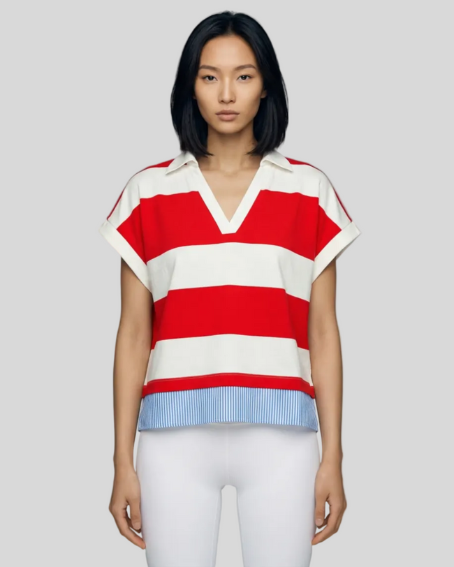 HarborStripe relaxed red stripe top styled with white Athlesi leggings