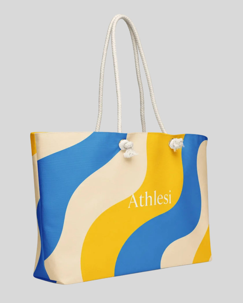 Cerulean swirl tote bag angled view rope handles