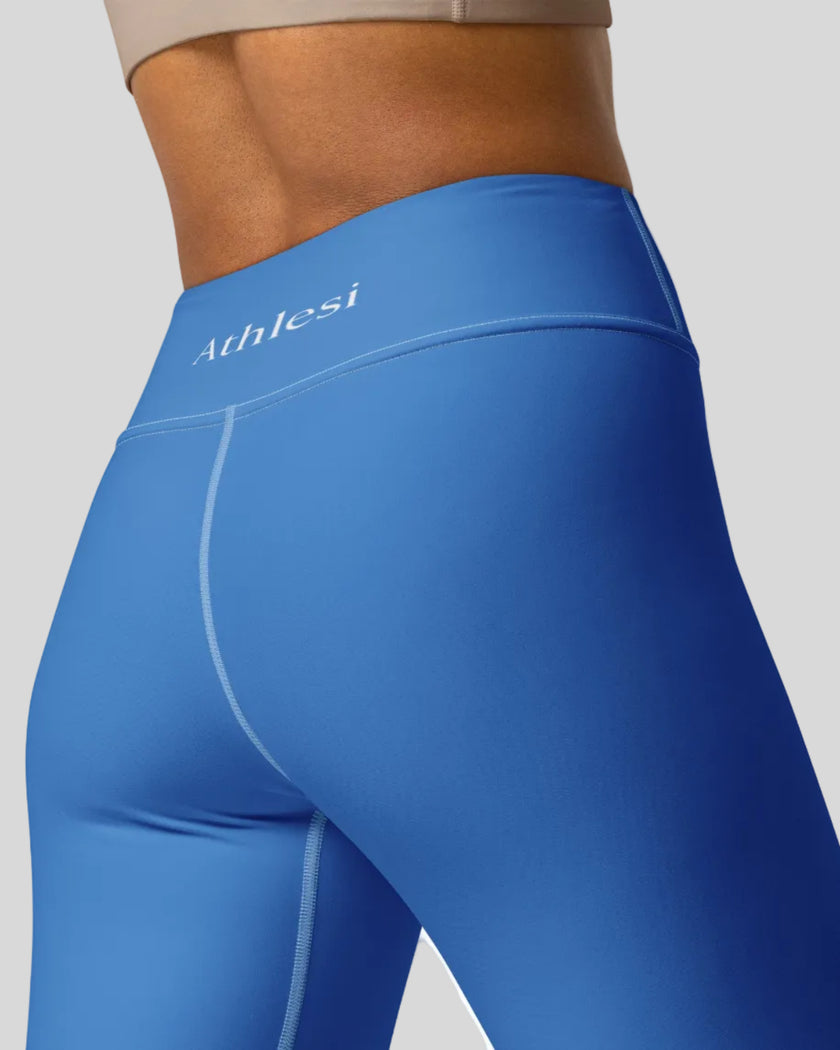 Fabric detail cerulean blue leggings back view