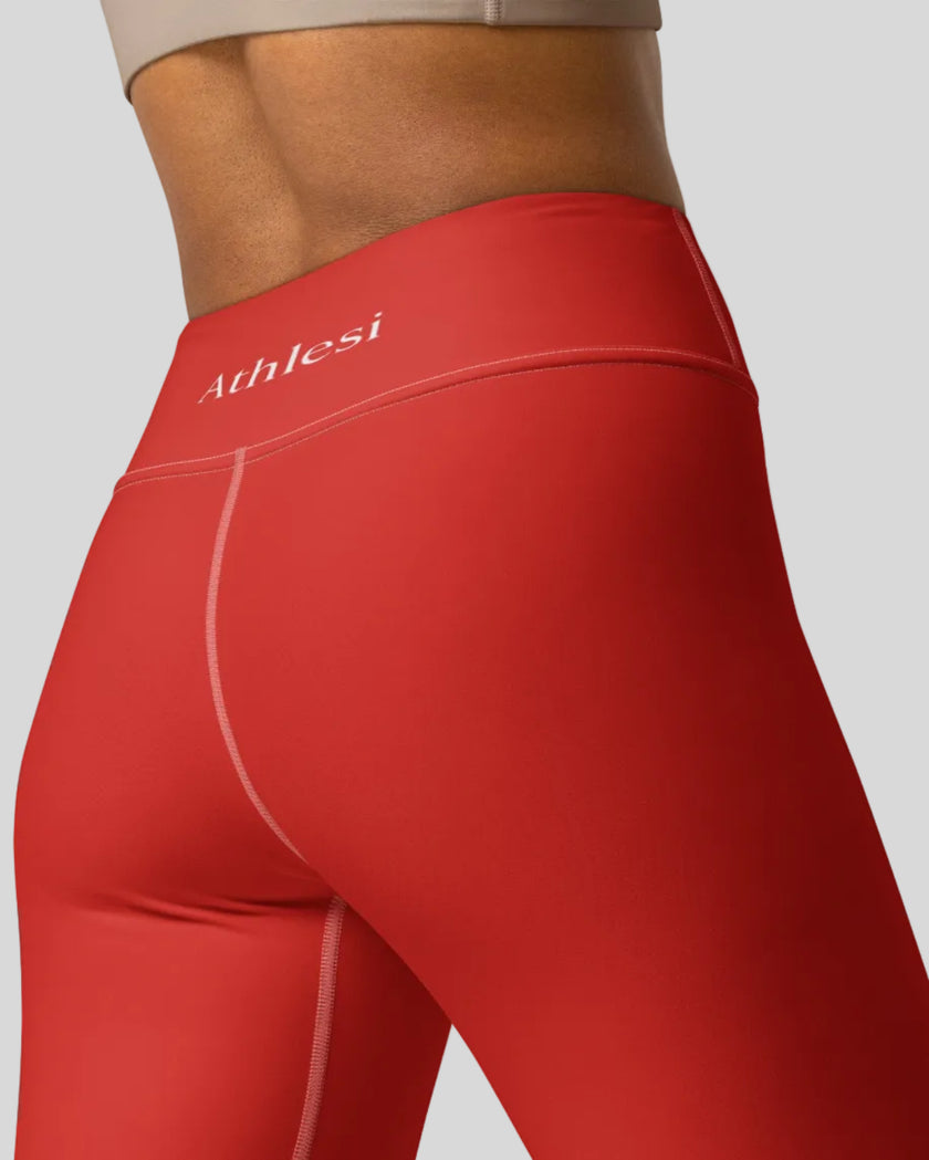 Fabric detail tomato red leggings back view