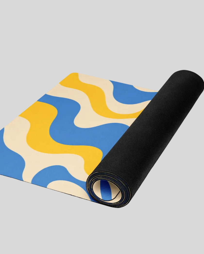 Cerulean swirl yoga mat half rolled flatlay horizontal view