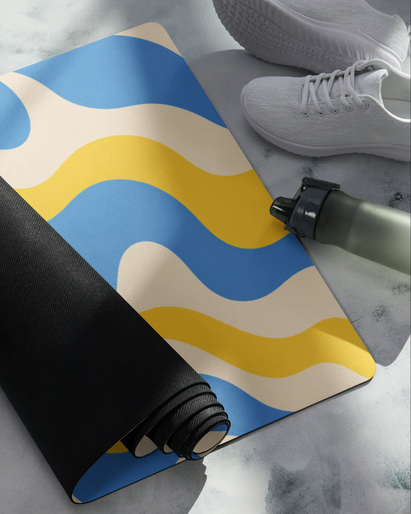 Yoga mat on floor with sneakers cerulean swirl