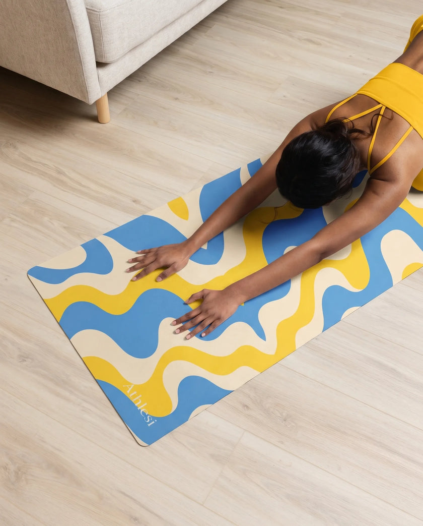 Model stretching on cerulean swirl yoga mat