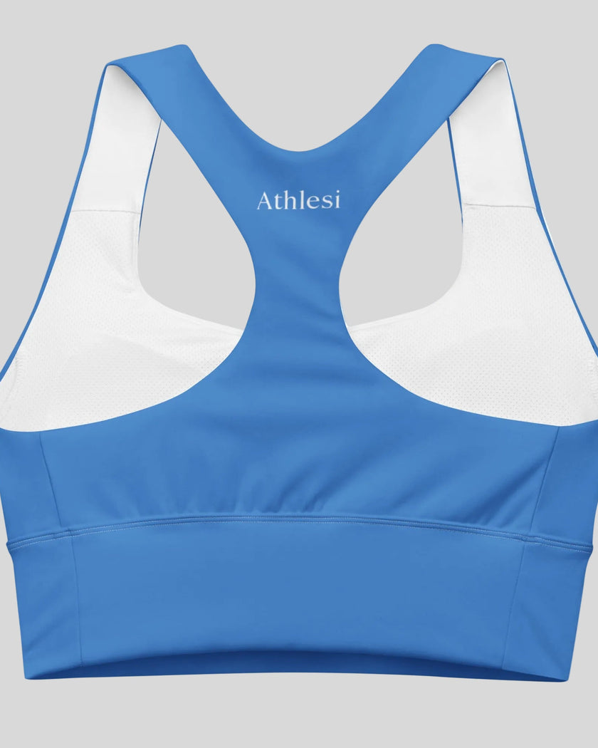 Cerulean blue sports bra back view Athlesi Heatwave 