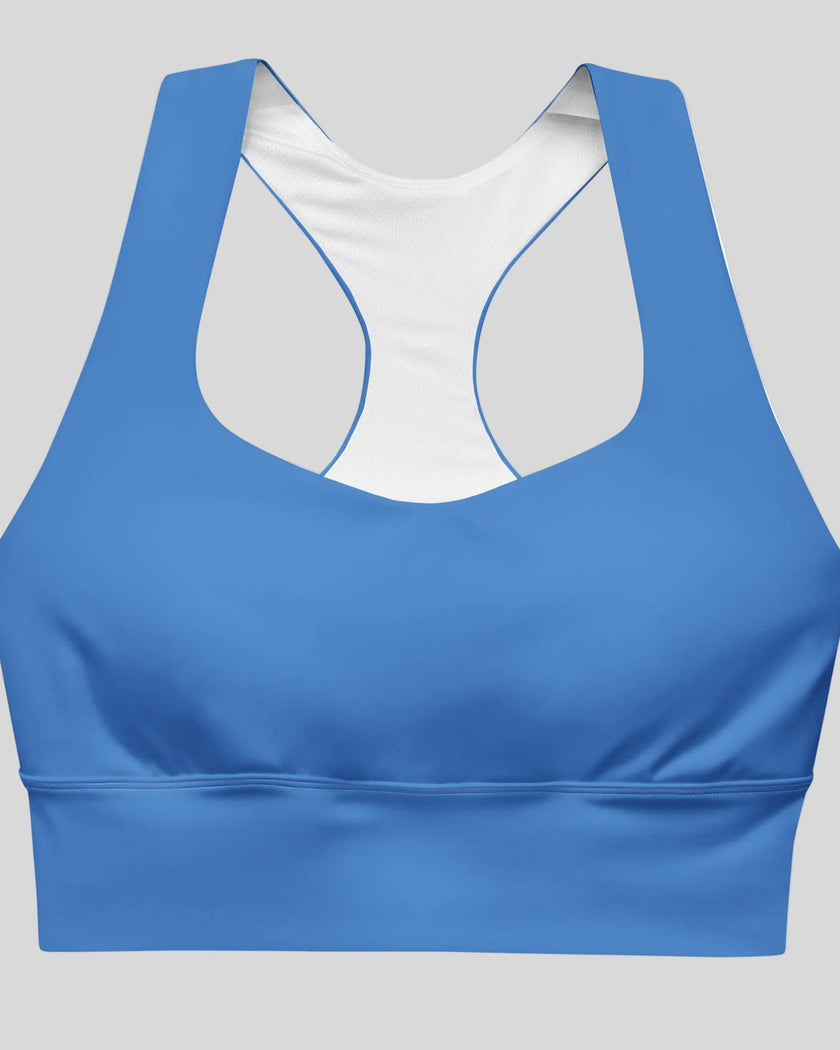 Cerulean blue sports bra front view Athlesi Heatwave 