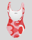 Red swirl swimsuit back low scoop detail