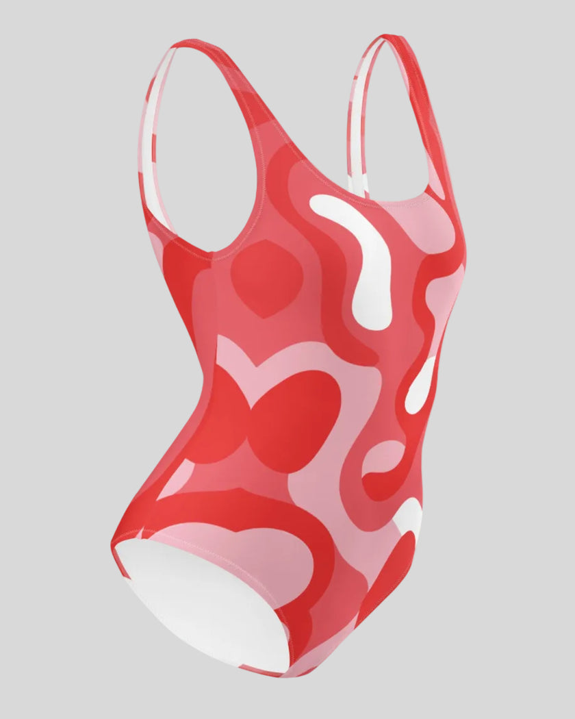 Red swirl swimsuit right side view
