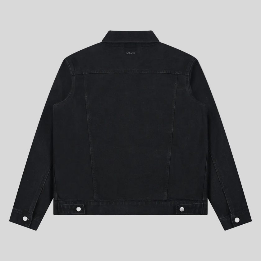 Heritage Denim Jacket in Black back view showcasing the relaxed silhouette and vintage washed denim