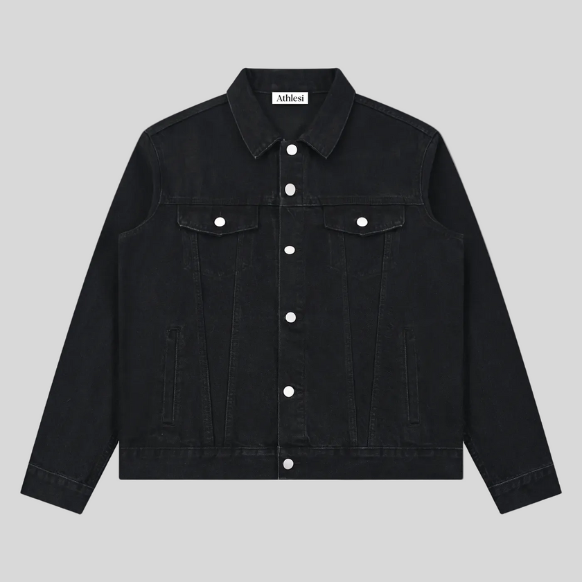 Heritage Denim Jacket in Black front view featuring a vintage washed finish and classic button-front design