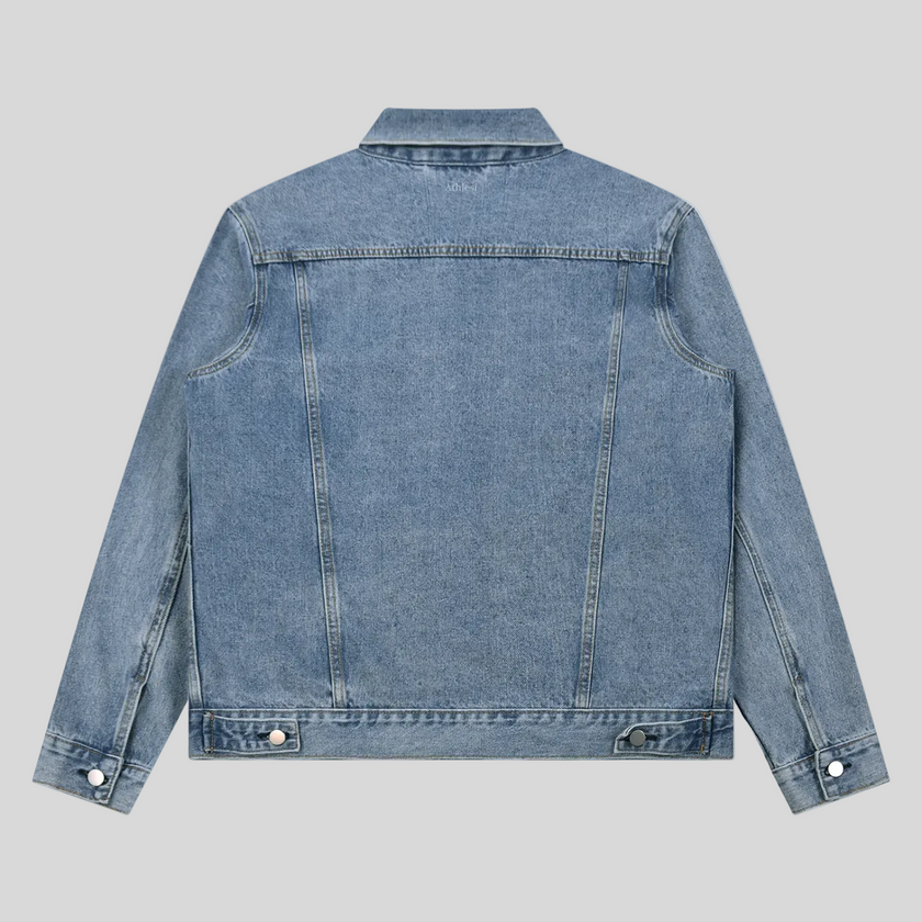 Heritage Denim Jacket in Blue back view showcasing the relaxed silhouette and vintage washed denim