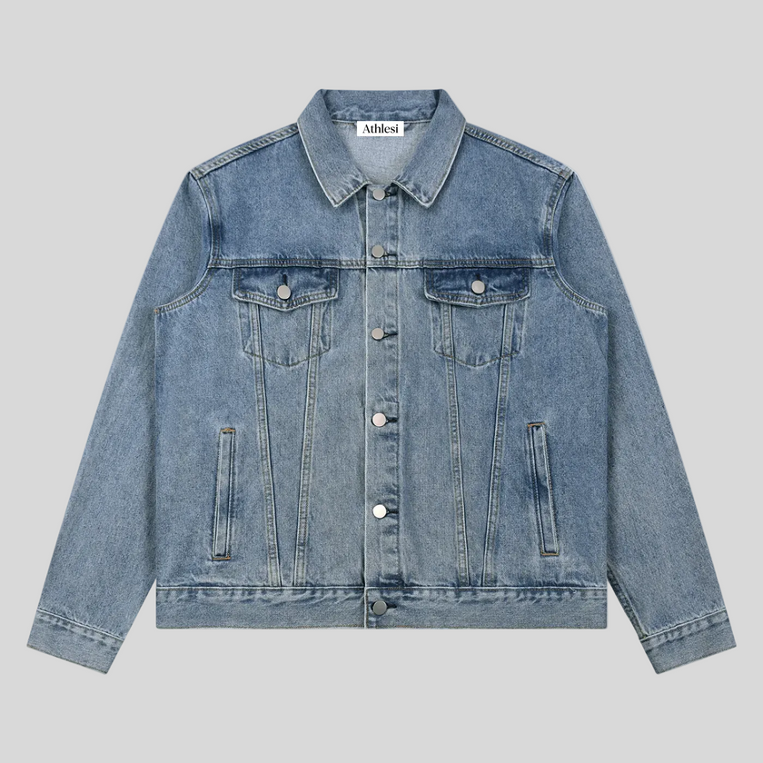 Heritage Denim Jacket in Blue front view featuring a vintage washed finish and classic button-front design