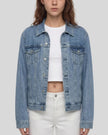 Model wearing the Heritage Denim Jacket in Blue viewed from the front