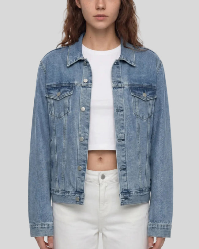 Model wearing the Heritage Denim Jacket in Blue viewed from the front