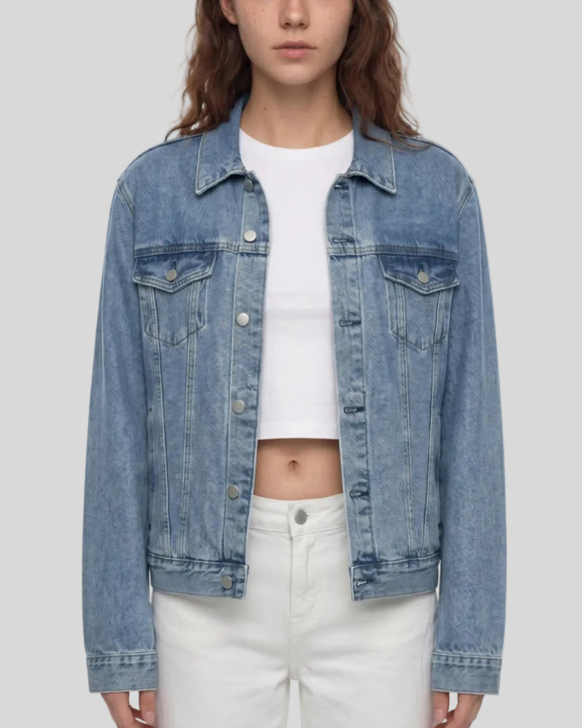 Model wearing the Heritage Denim Jacket in Blue viewed from the front