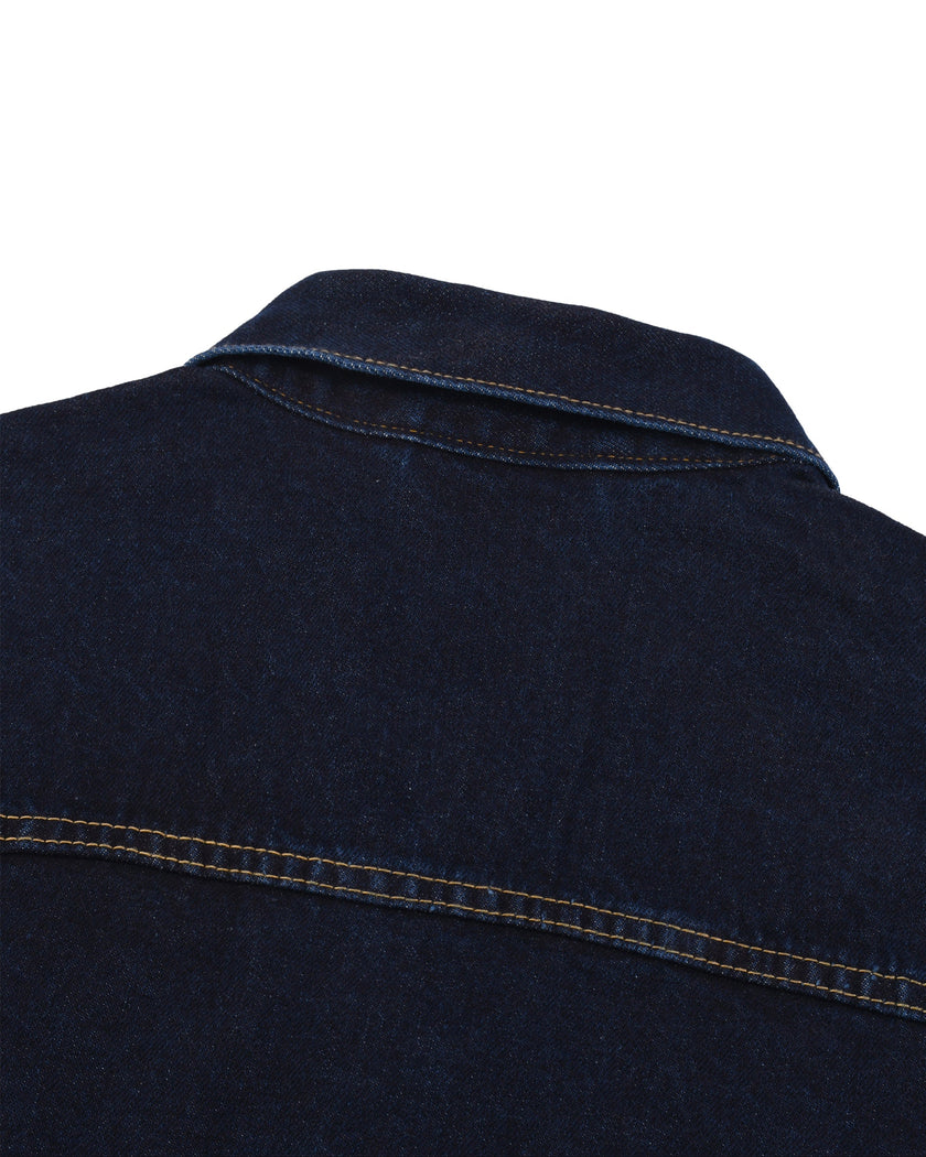 Close-up of the back collar on the Heritage Denim Jacket in Navy Blue