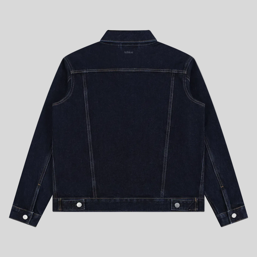 Heritage Denim Jacket in Navy Blue back view showcasing the relaxed silhouette and vintage washed denim