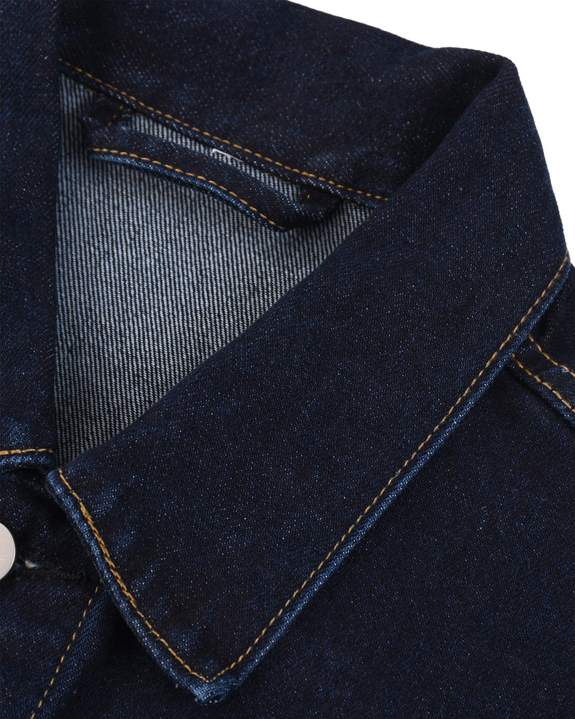 Detailed view of the classic lapel collar on the Heritage Denim Jacket in Navy Blue