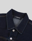 Close-up of the collar and button-front details on the Heritage Denim Jacket in Navy Blue