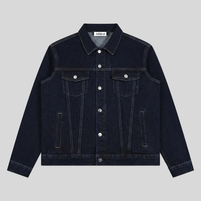 Heritage Denim Jacket in Navy Blue front view featuring a vintage washed finish and classic button-front design