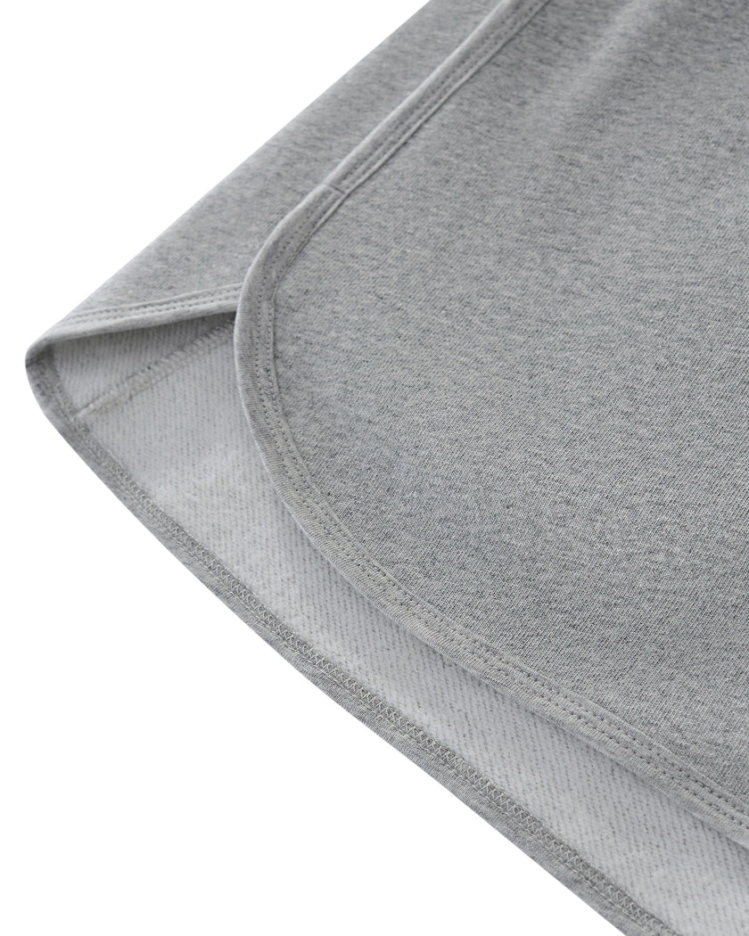 Close-up of the curved leg hem on the Heritage Lounge Shorts in Flower Gray