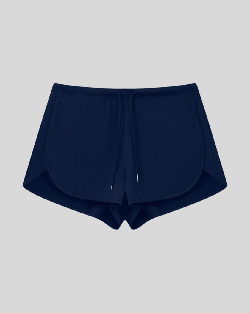 Heritage Lounge Shorts in Navy Blue front view featuring a relaxed fit and adjustable drawstring waistband
