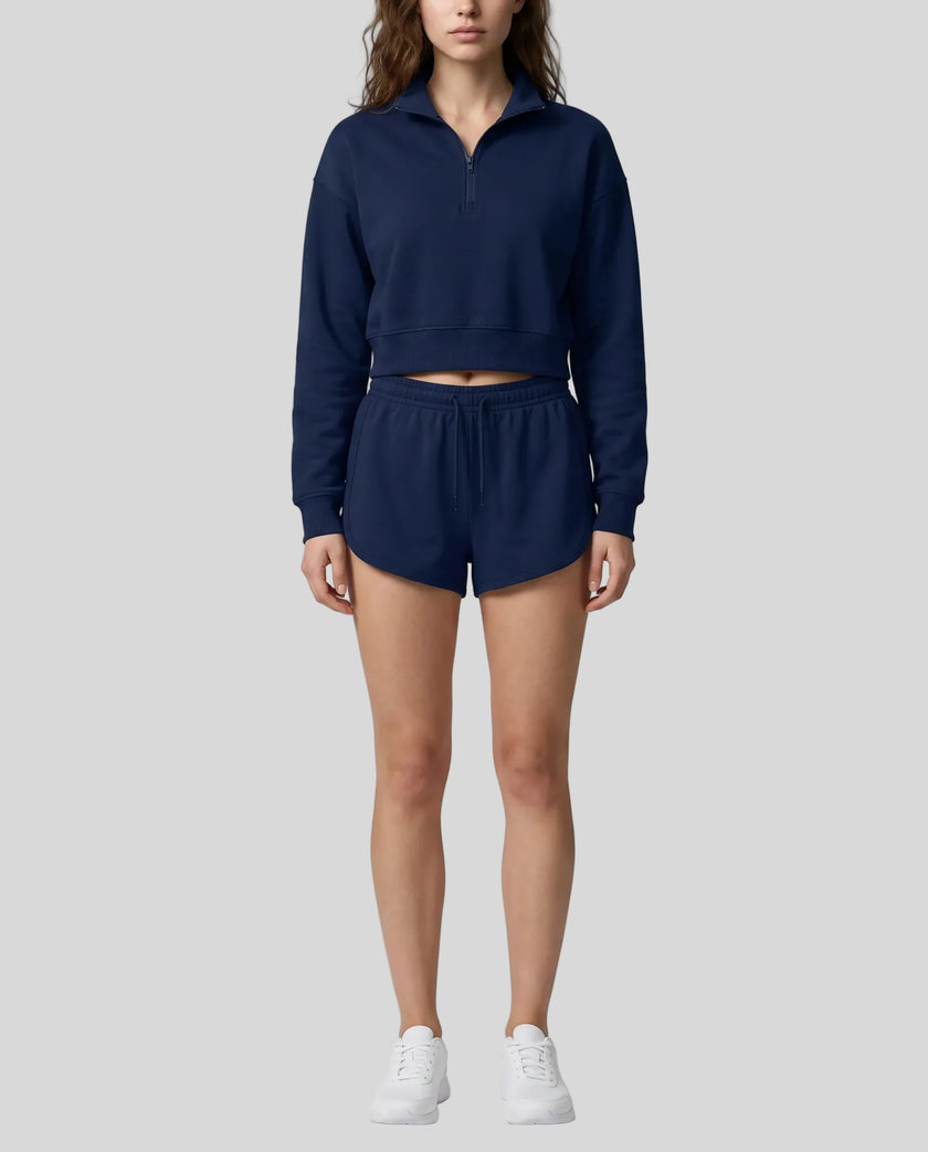 Model wearing the Heritage Lounge Shorts in Navy Blue viewed from the front