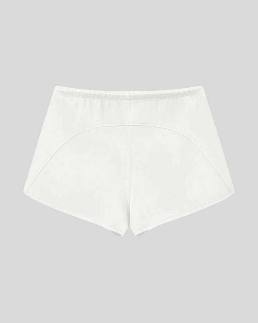 Heritage Lounge Shorts in White back view showcasing the relaxed silhouette and curved back yoke