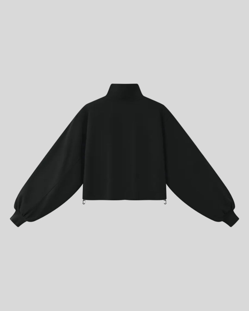 A black Athlesi Heritage Quarter-Zip Sweatshirt with lantern sleeves, back view.