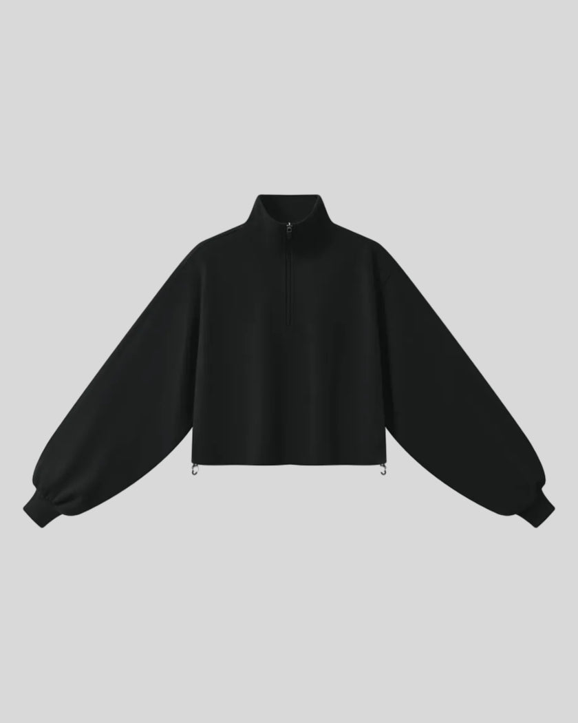 A black Athlesi Heritage Quarter-Zip Sweatshirt with lantern sleeves, front view.