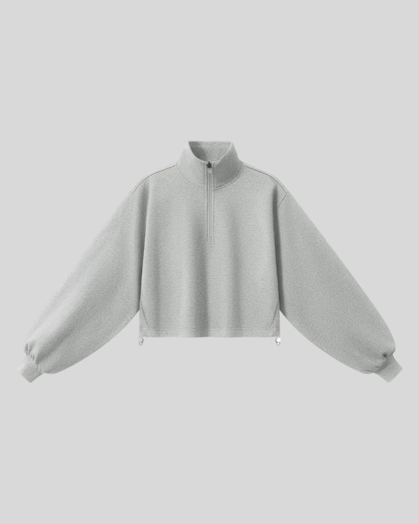 A flower gray Athlesi Heritage Quarter-Zip Sweatshirt with lantern sleeves, front view.