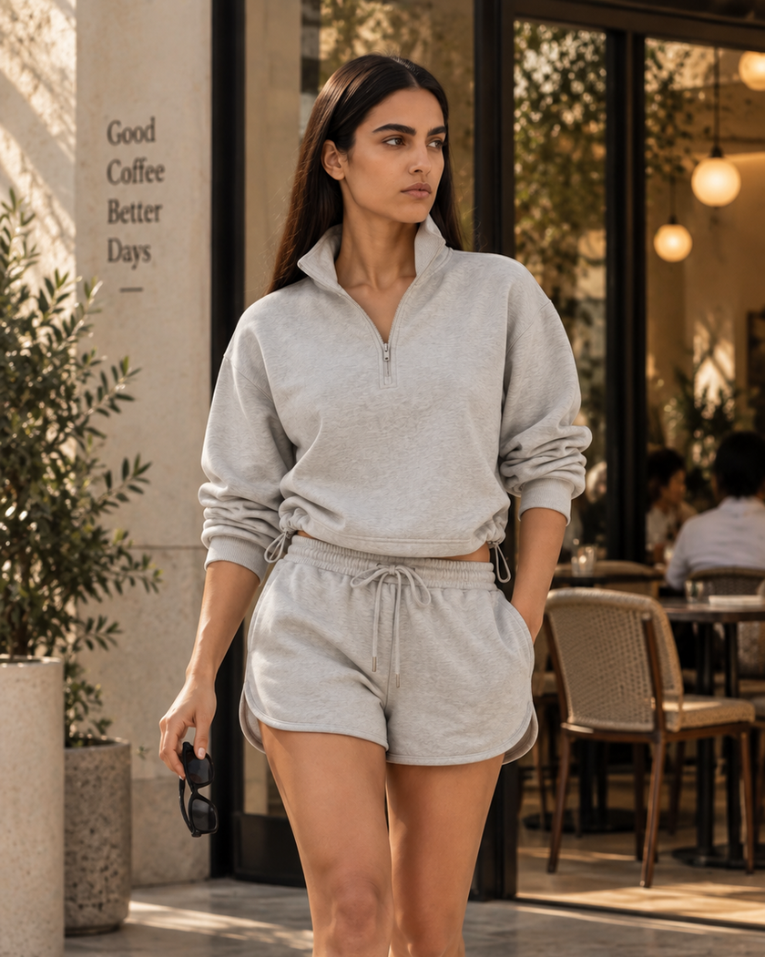 A woman walking outdoors in a flower gray Athlesi Heritage matching lounge set consisting of a quarter-zip sweatshirt and drawstring shorts, paired with white sneakers.
