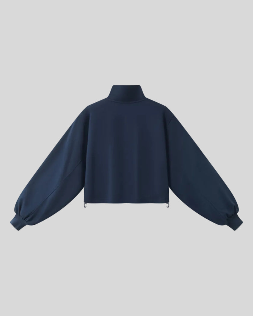 A navy blue Athlesi Heritage Quarter-Zip Sweatshirt with lantern sleeves, back view.