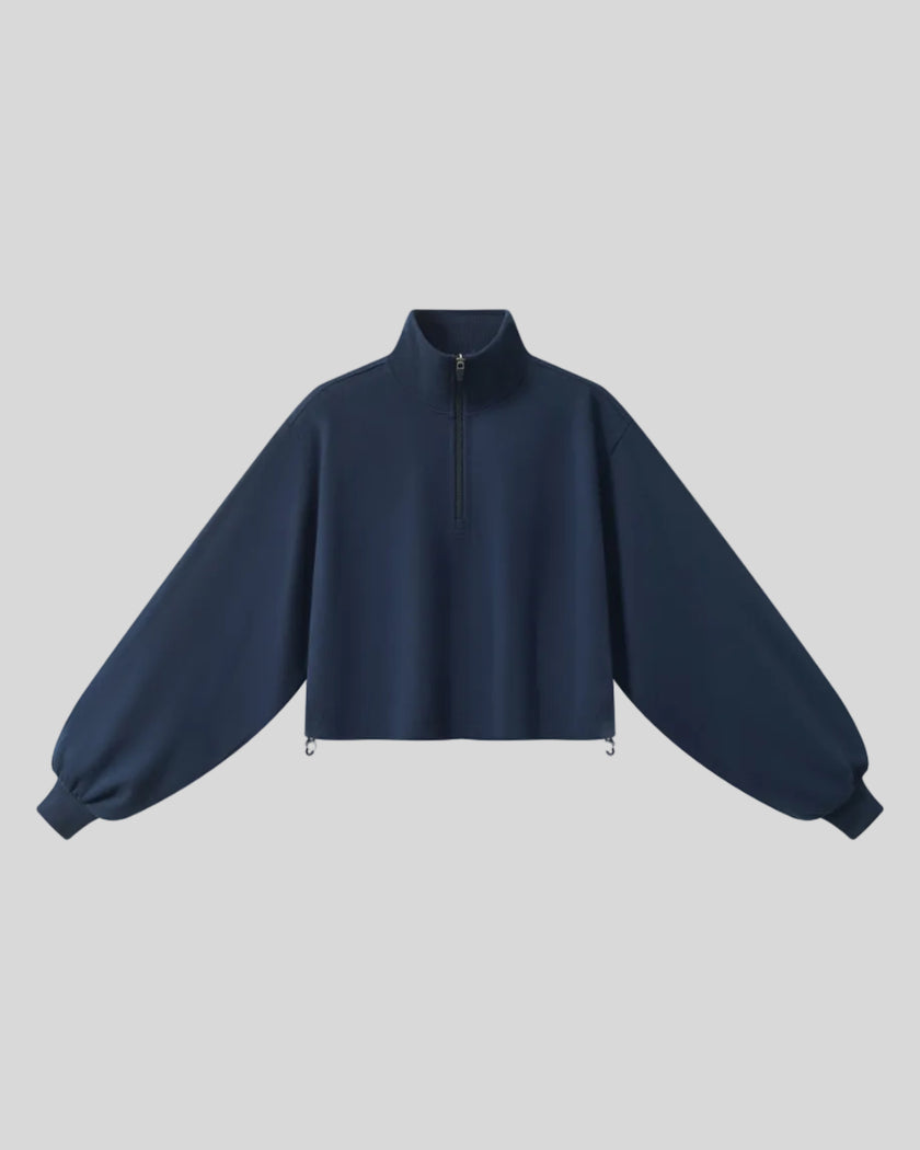 A navy blue Athlesi Heritage Quarter-Zip Sweatshirt with lantern sleeves, front view.