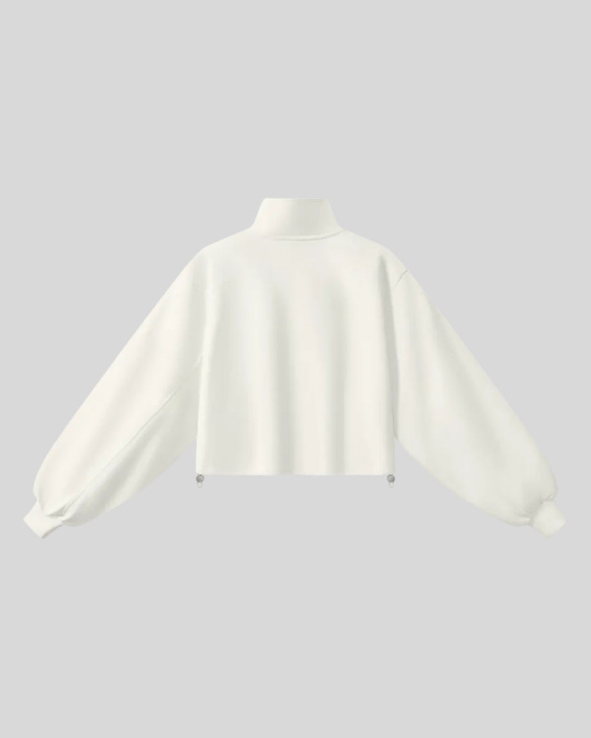 A white Athlesi Heritage Quarter-Zip Sweatshirt with lantern sleeves, back view.