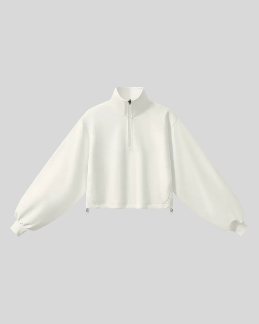A white Athlesi Heritage Quarter-Zip Sweatshirt with lantern sleeves, front view.