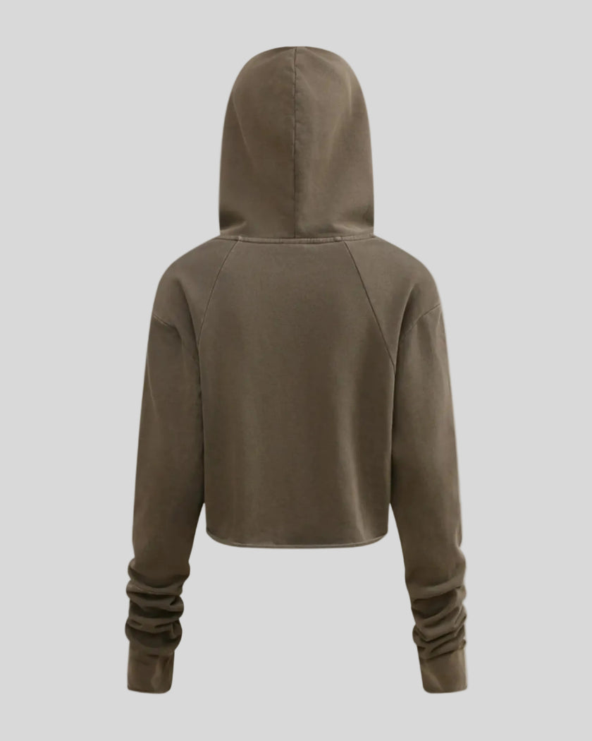 Heritage Washed Hoodie in Coffee back view showcasing the relaxed silhouette and hood