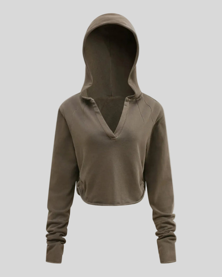 Heritage Washed Hoodie in Coffee front view featuring a relaxed hood, V-neckline, and raw edge hem