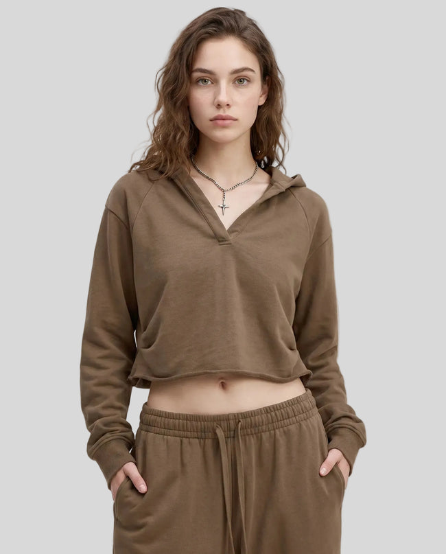 Model wearing the Heritage Washed Hoodie in Coffee viewed from the front