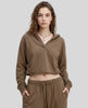 Model wearing the Heritage Washed Hoodie in Coffee viewed from the front