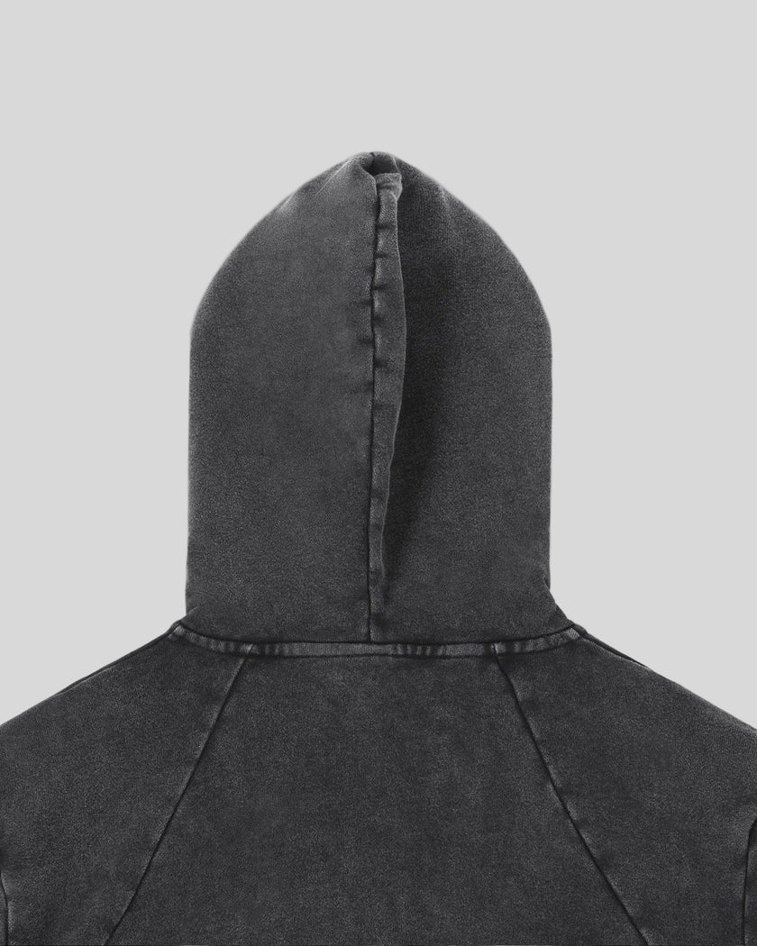 Close-up of the hood construction on the Heritage Washed Hoodie in Dark Gray