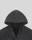 Close-up of the V-neckline and hood on the Heritage Washed Hoodie in Dark Gray