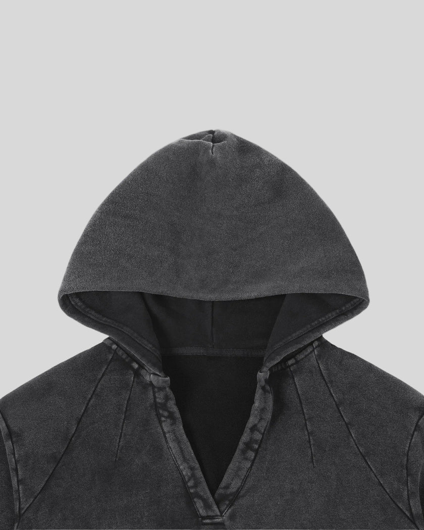 Close-up of the V-neckline and hood on the Heritage Washed Hoodie in Dark Gray