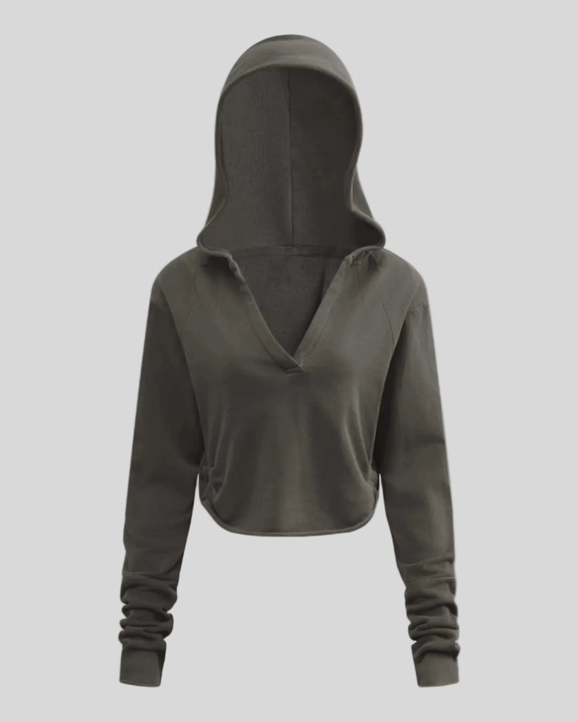 Heritage Washed Hoodie in Dark Gray front view featuring a relaxed hood, V-neckline, and raw edge hem