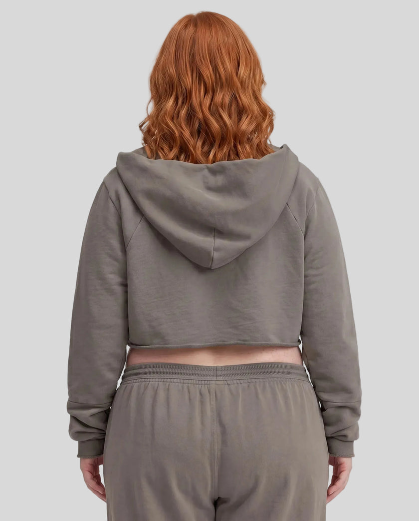 Back view of a model wearing the Heritage Washed Hoodie in Dark Gray