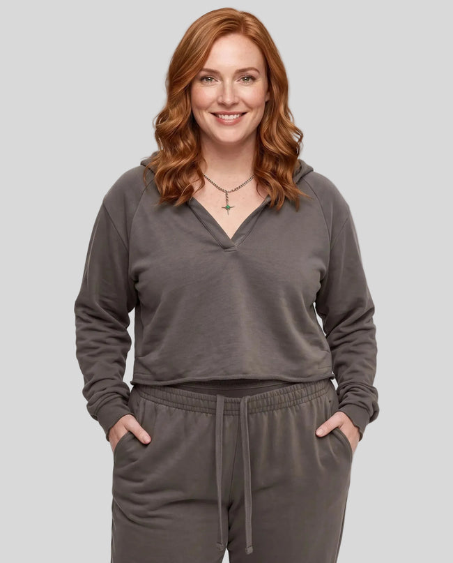 Model wearing the Heritage Washed Hoodie in Dark Gray viewed from the front