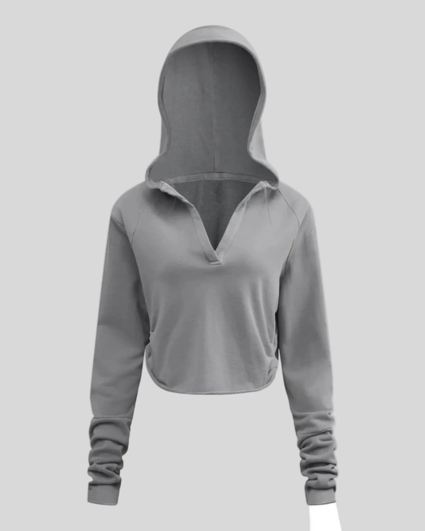 Heritage Washed Hoodie in Medium Gray front view featuring a relaxed hood, V-neckline, and raw edge hem