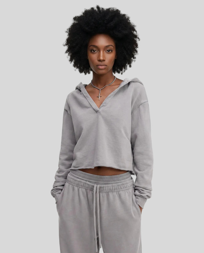 Model wearing the Heritage Washed Hoodie in Medium Gray viewed from the front