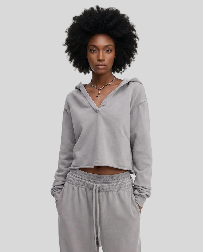 Model wearing the Heritage Washed Hoodie in Medium Gray viewed from the front