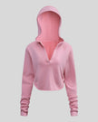 Heritage Washed Hoodie in Rose Pink front view featuring a relaxed hood, V-neckline, and raw edge hem