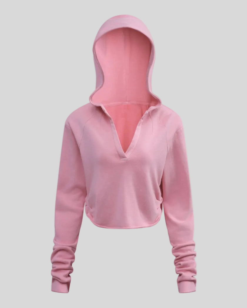 Heritage Washed Hoodie in Rose Pink front view featuring a relaxed hood, V-neckline, and raw edge hem